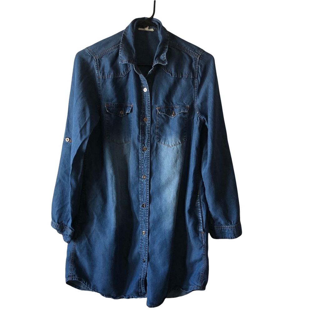 Promesa Denim Chambray Button Up Long Shirt Smock with Pockets Medium